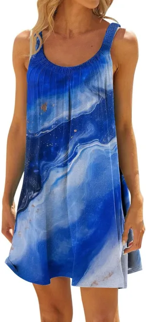 2024 Women's Sundress Summer Trendy Pleated Tank Dress Cute Sleeveless Crew Neck Mini Dresses Beach Vacation Sun Dress
