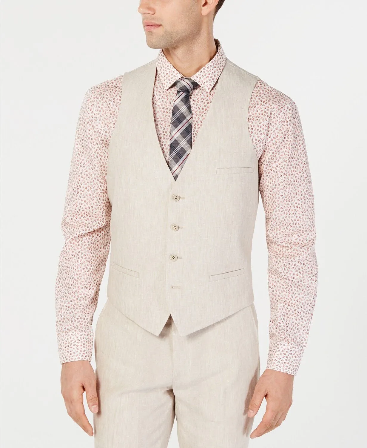 Bar Iii Men's Slim Fit Linen Suit Vest Tan Small