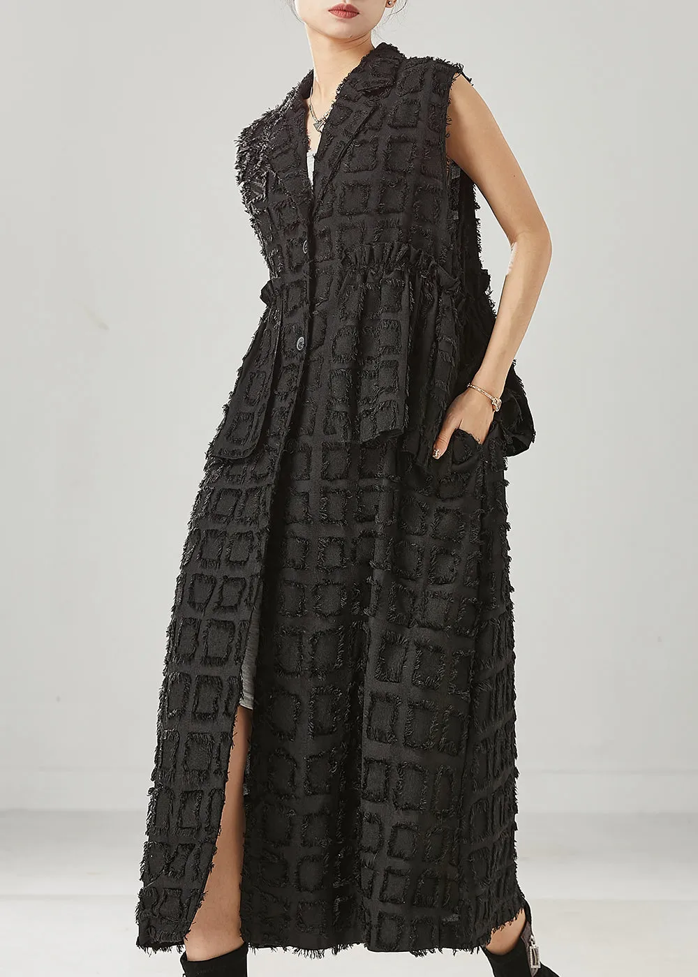 Black Loose Cotton Long Vests Tasseled Spring YU1004