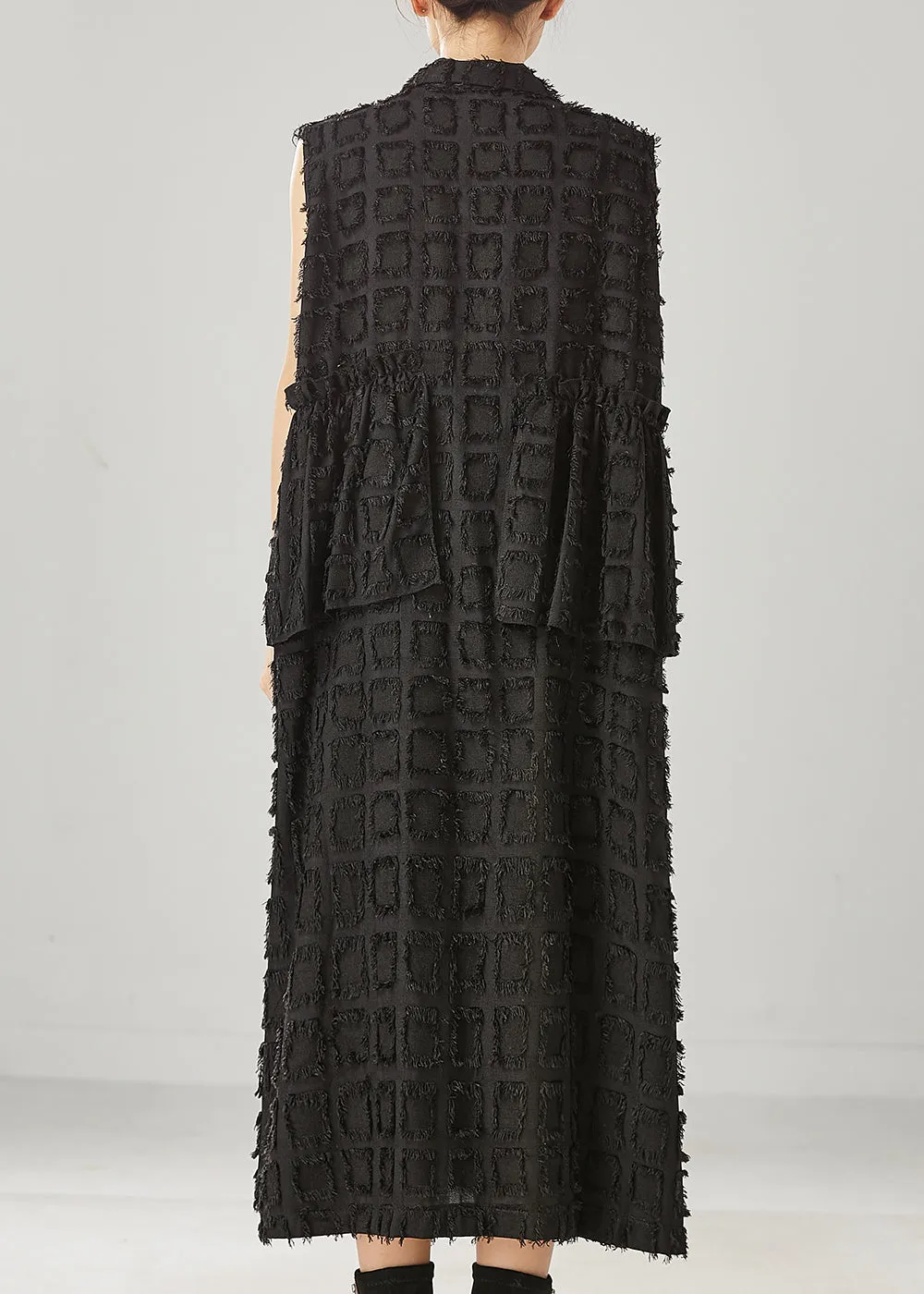 Black Loose Cotton Long Vests Tasseled Spring YU1004