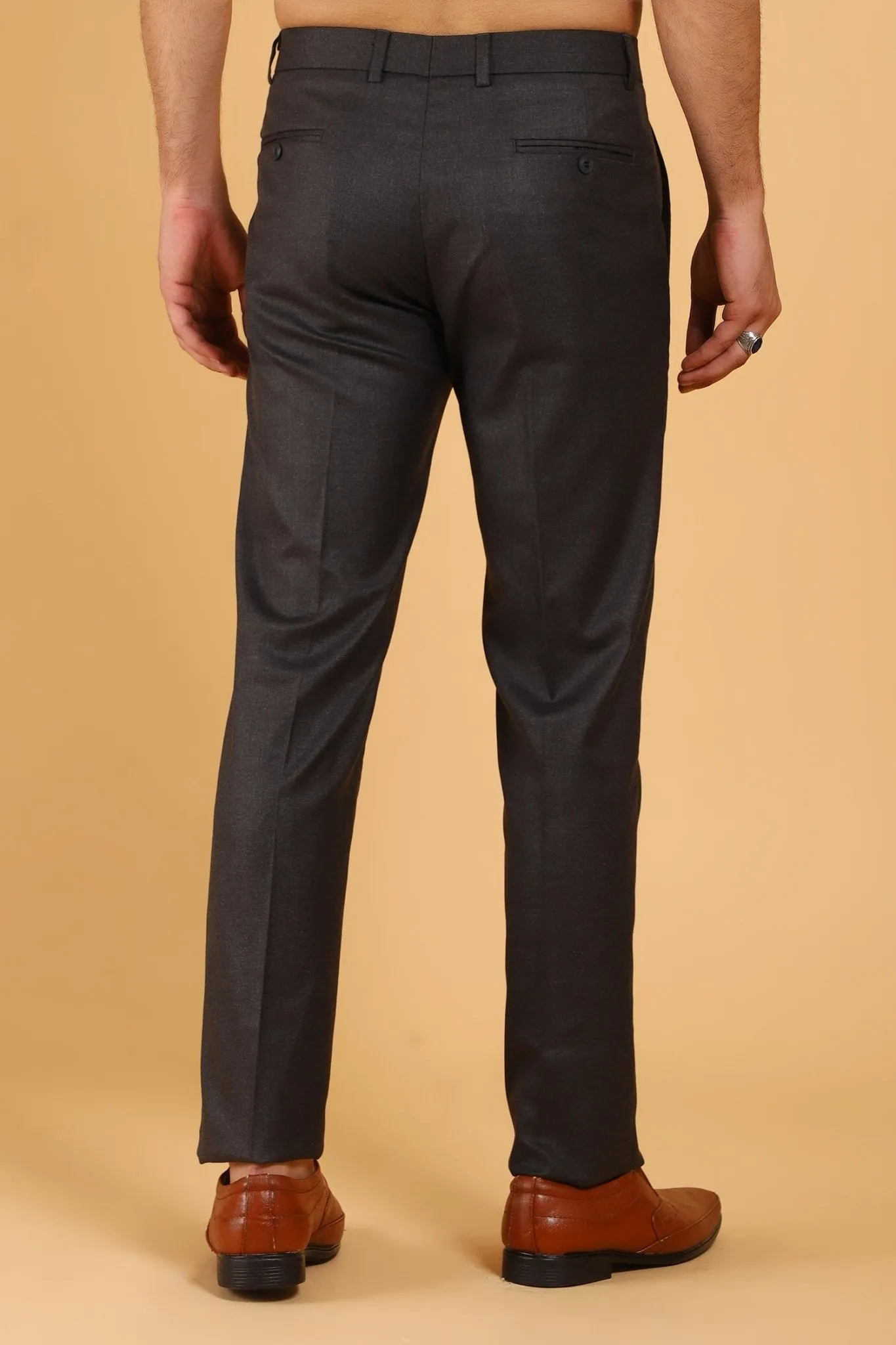 Bluebird Men's Brown Textured Lycra Formal Trousers