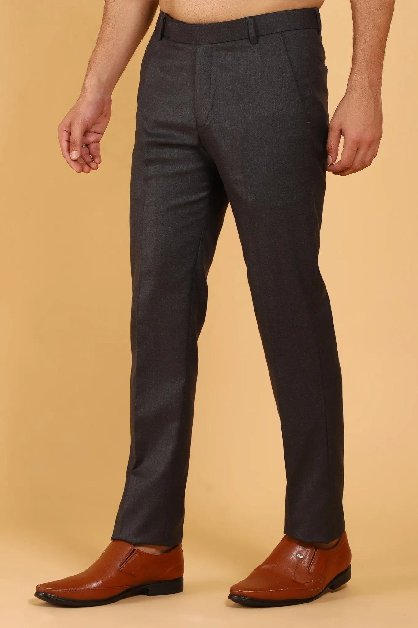 Bluebird Men's Brown Textured Lycra Formal Trousers