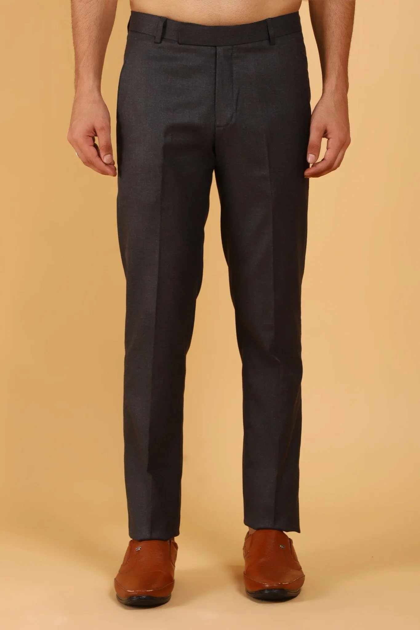 Bluebird Men's Brown Textured Lycra Formal Trousers