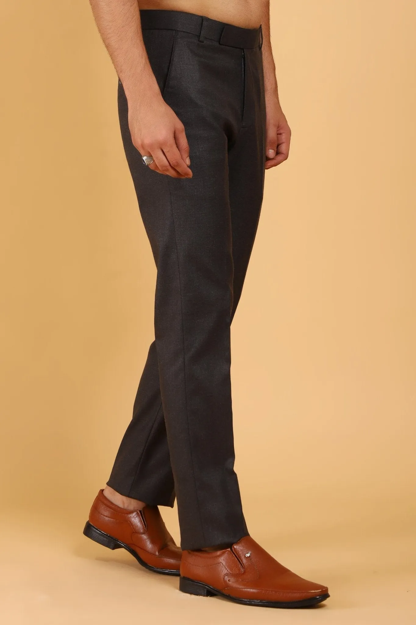 Bluebird Men's Brown Textured Lycra Formal Trousers