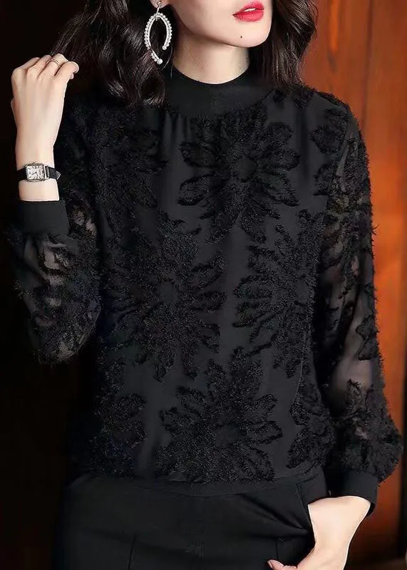 Boutique Black O Neck Jacquard Patchwork Chiffon Blouses Spring TQ1037