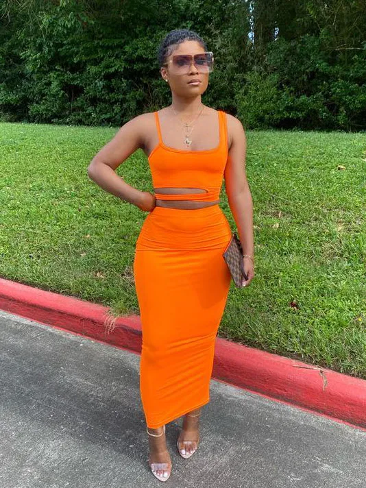 Canvas Solid Coloured Hollowed Out Skirts Sets