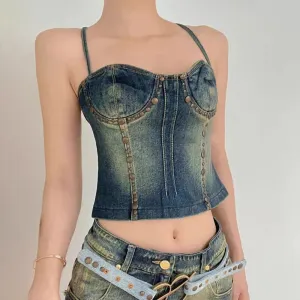 Casual Denim Vests For Women Square Collar Sleeveless Slimming Summmer Sexy Tank Tops Female Fashion Style Clothing