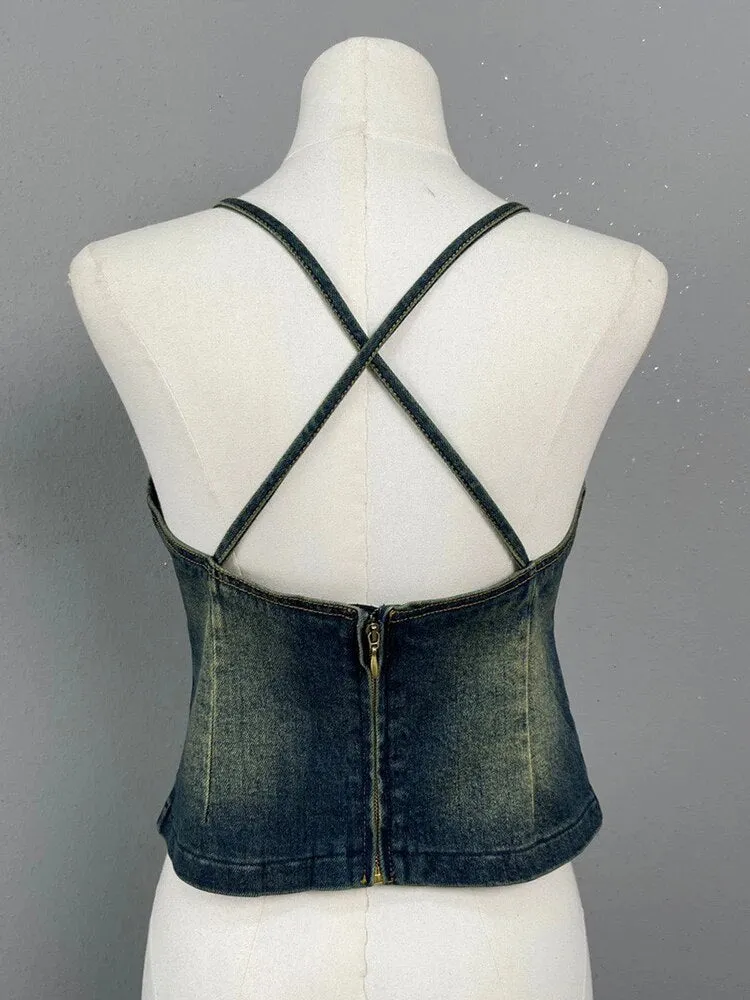 Casual Denim Vests For Women Square Collar Sleeveless Slimming Summmer Sexy Tank Tops Female Fashion Style Clothing