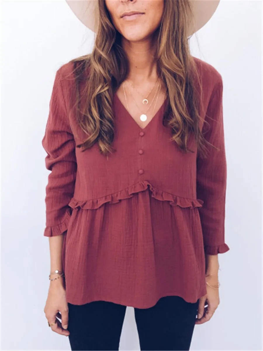Casual Loose V-Neck Button Blouse