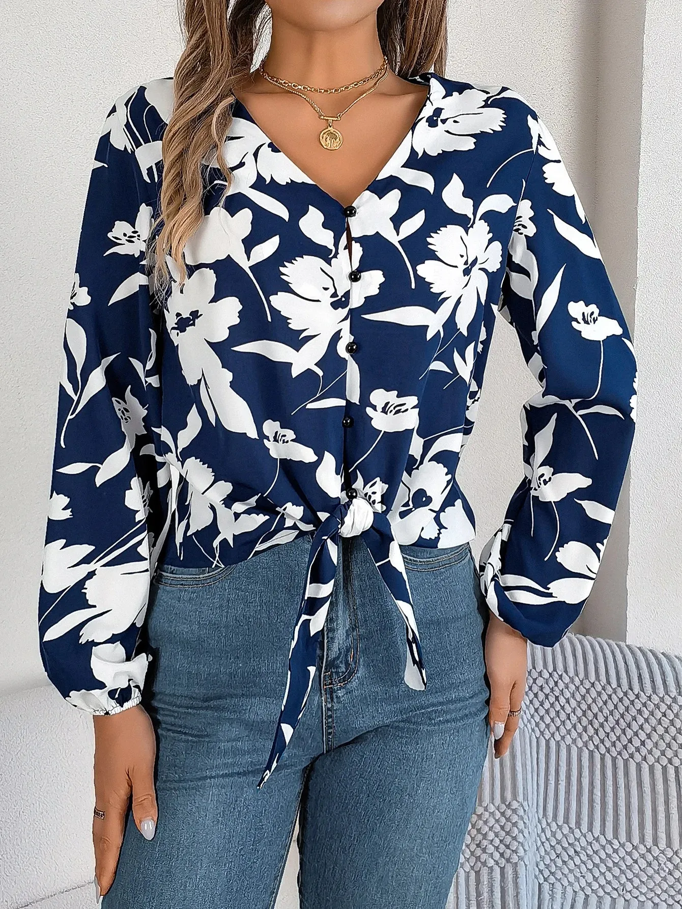 Casual V-neck Button Front Tie Front Floral Print Spring Fall Women's Blouse