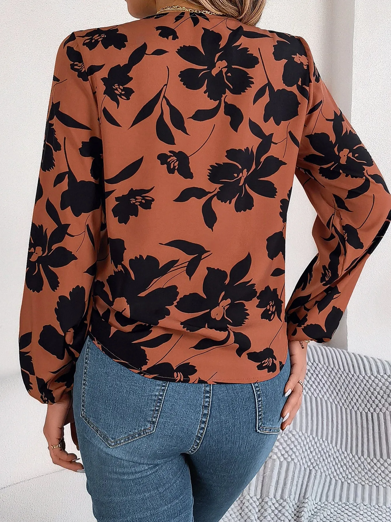 Casual V-neck Button Front Tie Front Floral Print Spring Fall Women's Blouse