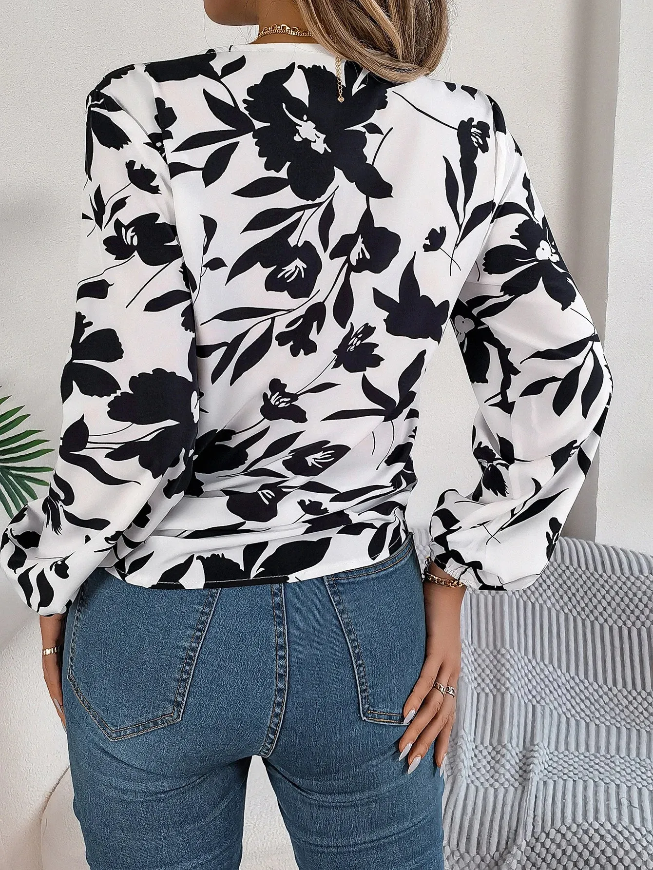 Casual V-neck Button Front Tie Front Floral Print Spring Fall Women's Blouse