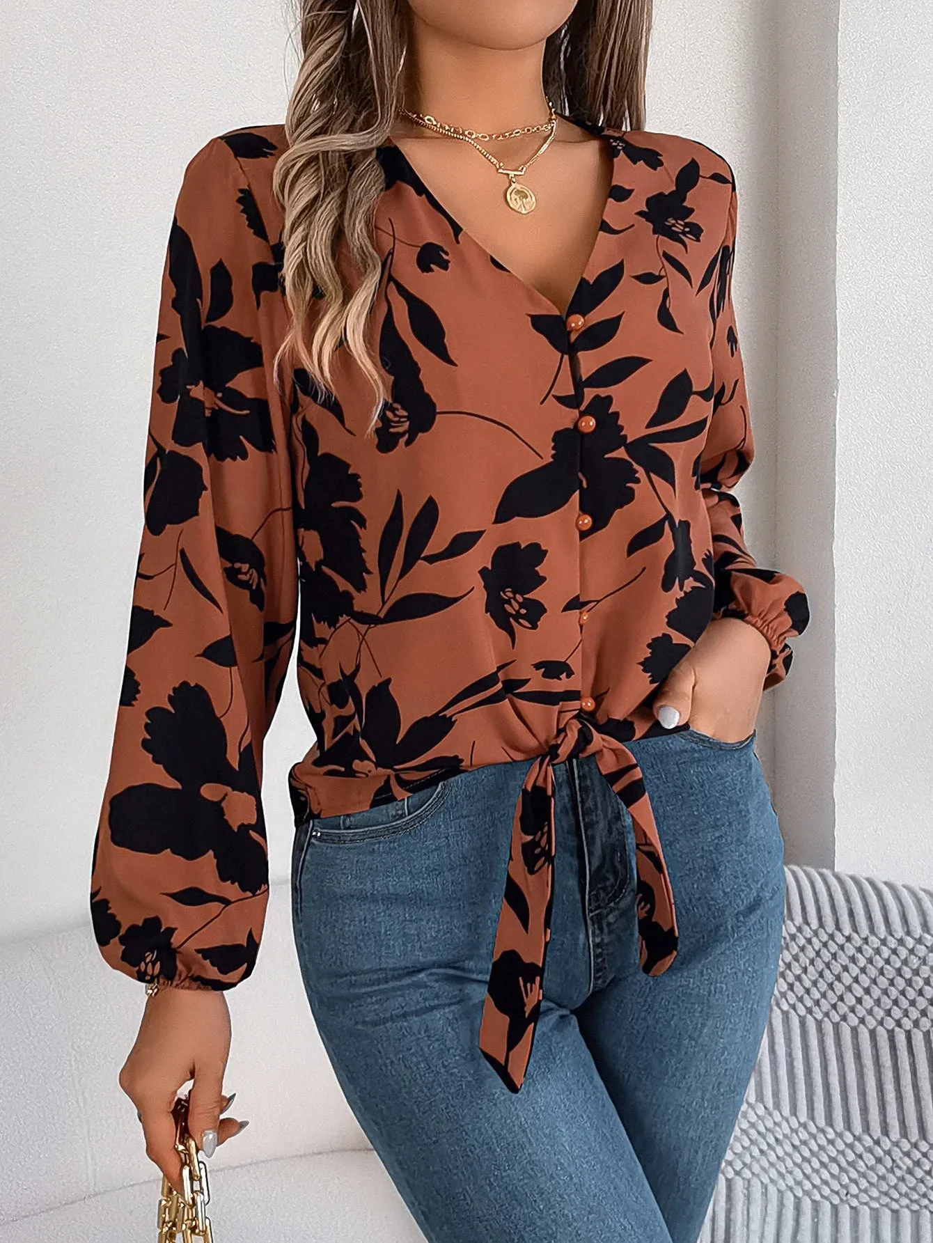 Casual V-neck Button Front Tie Front Floral Print Spring Fall Women's Blouse