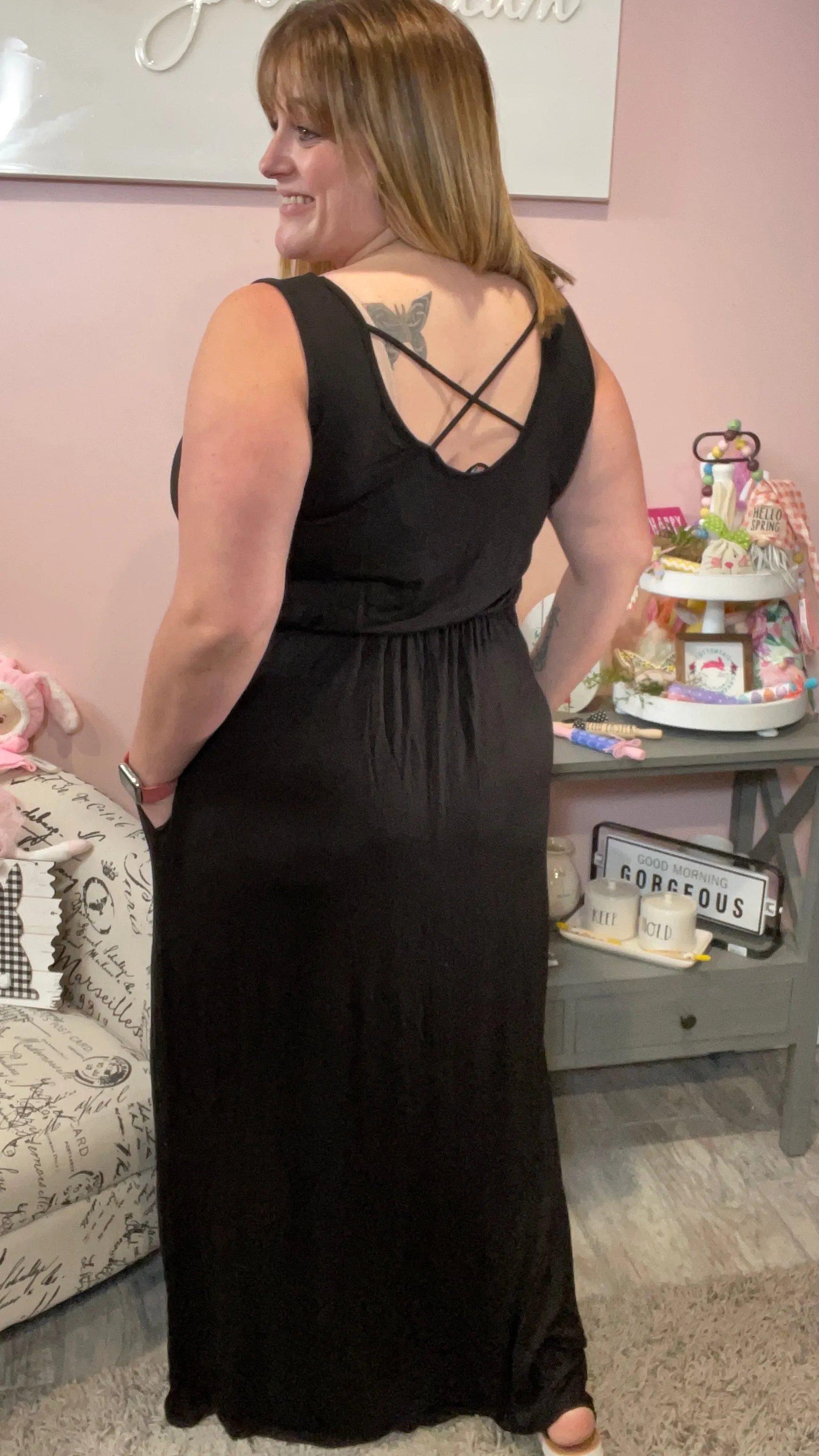 Classic Black Maxi Dress with Cross Back Detail