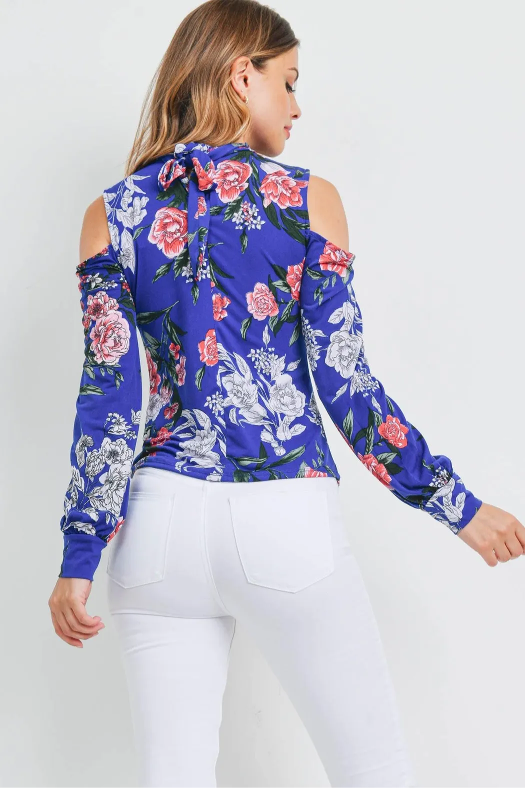 Cold shoulder floral tie back blouse