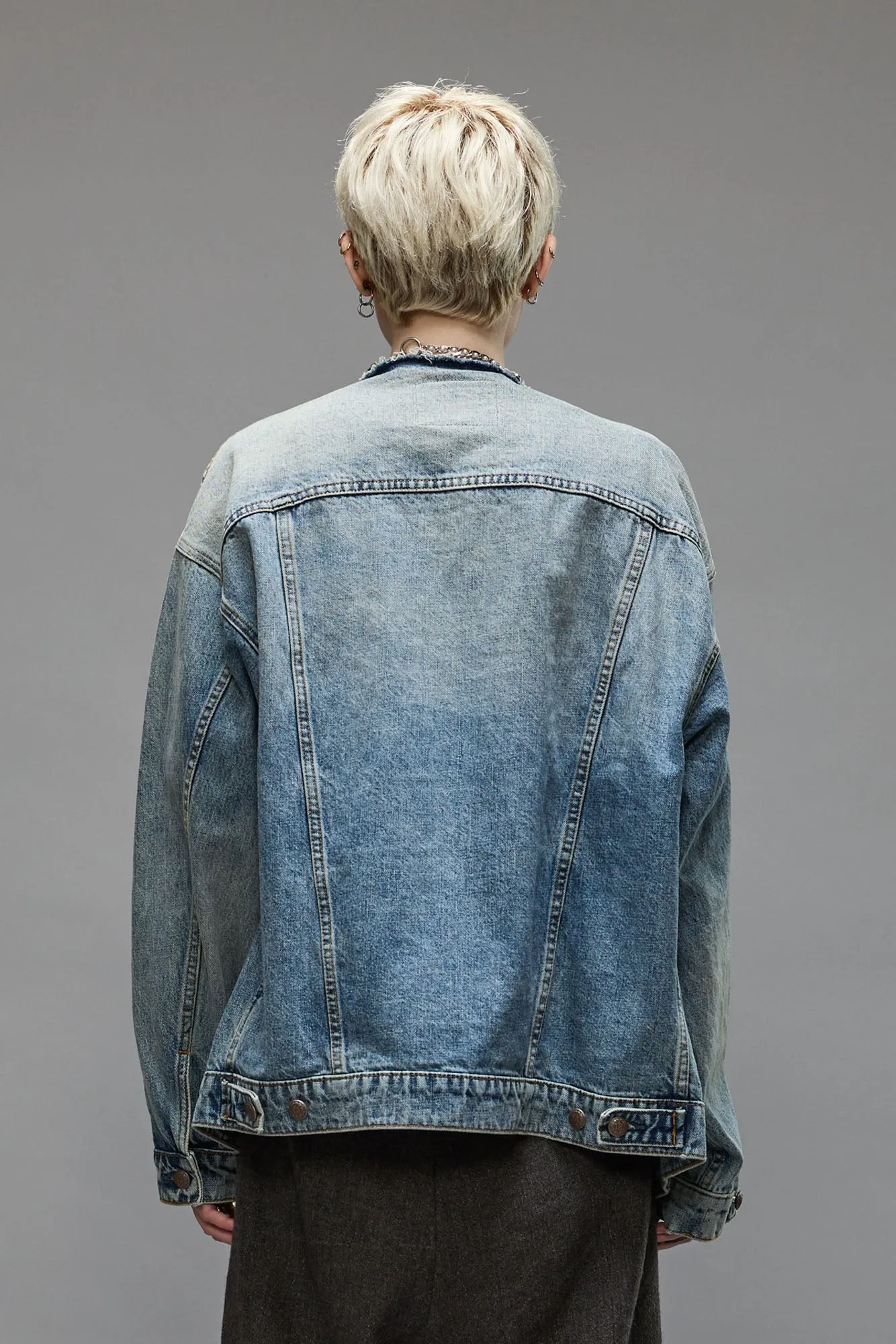 COLLARLESS TRUCKER JACKET - CAXTON BLUE