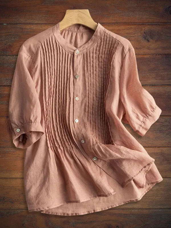 Cotton and Linen Comfortable Pleated Mid-Sleeve Shirt
