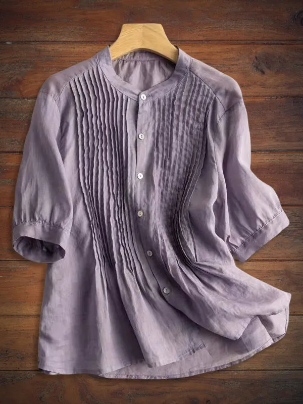 Cotton and Linen Comfortable Pleated Mid-Sleeve Shirt