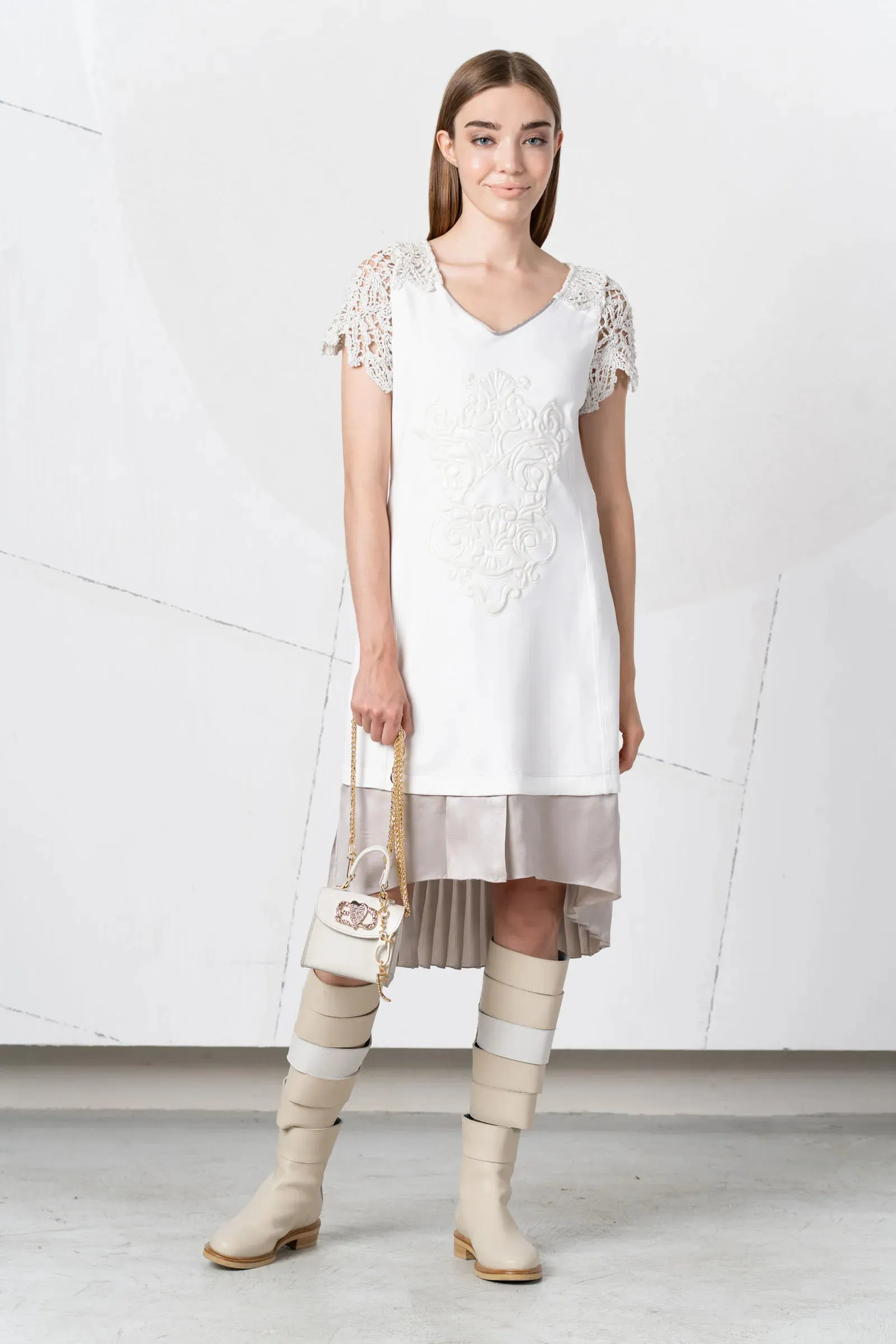 Cream Dress with Crochet Sleeves and Pleated Skirt