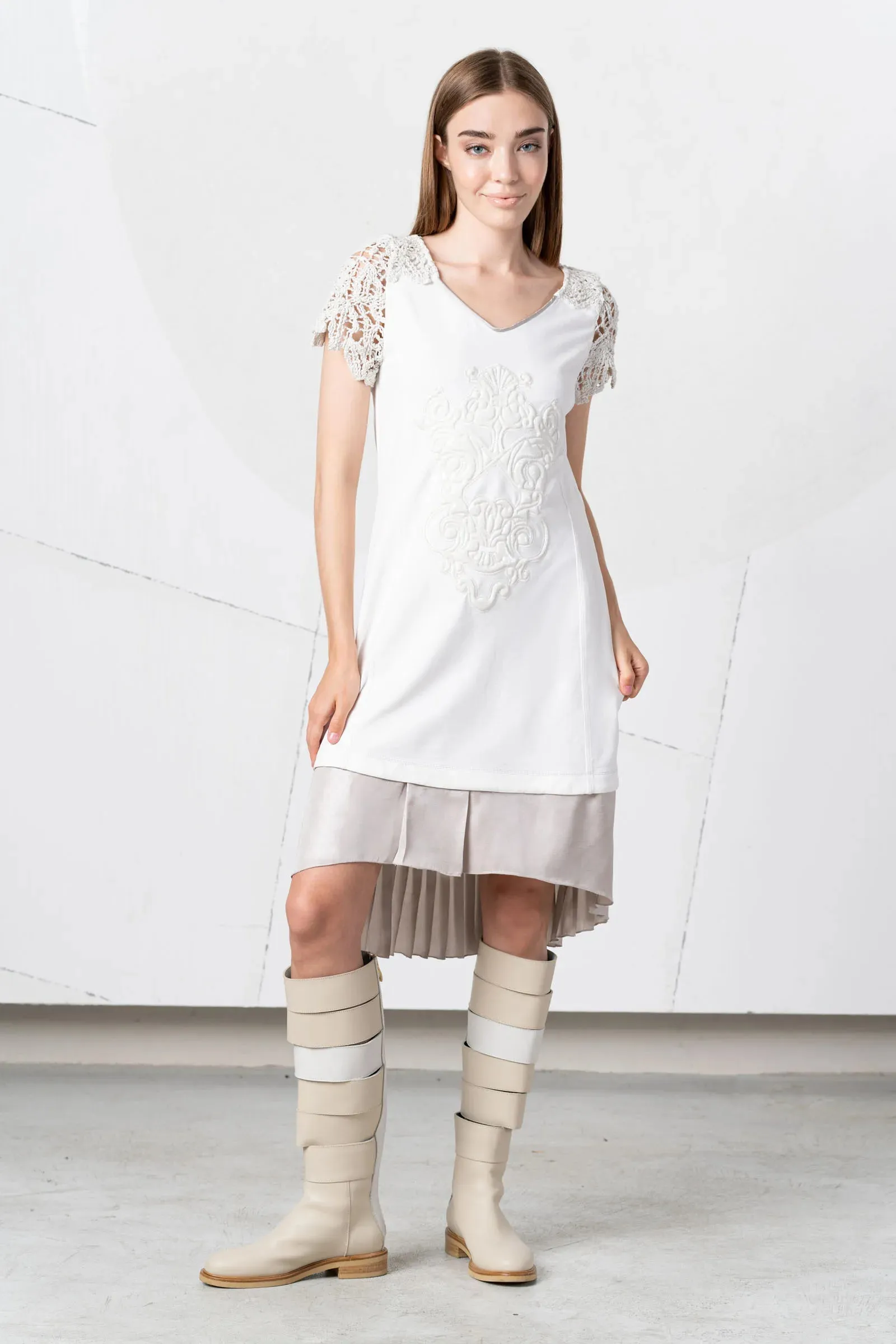 Cream Dress with Crochet Sleeves and Pleated Skirt
