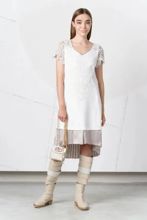 Cream Dress with Crochet Sleeves and Pleated Skirt