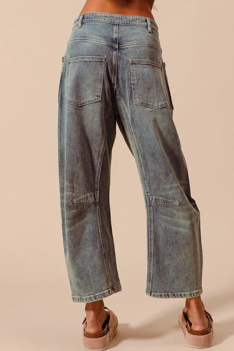 DRAWSTRINGS MID RISE WASHED DENIM BARREL JEANS