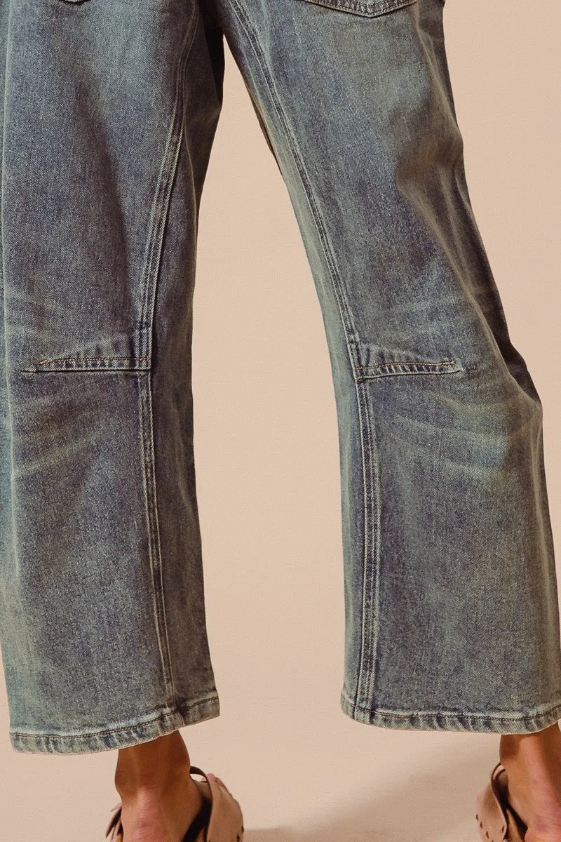 DRAWSTRINGS MID RISE WASHED DENIM BARREL JEANS