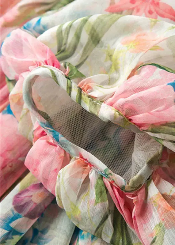 Fashion Floral Print Wrinkled Patchwork Chiffon Blouses Lantern Sleeve LY8306