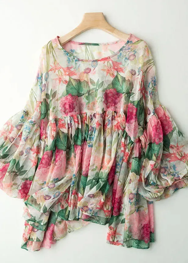 Fashion Floral Print Wrinkled Patchwork Chiffon Blouses Lantern Sleeve LY8306