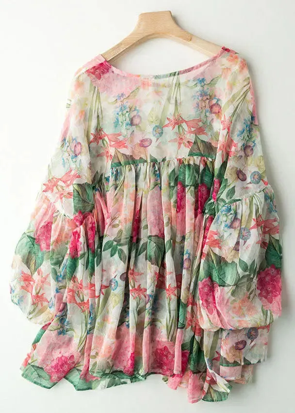 Fashion Floral Print Wrinkled Patchwork Chiffon Blouses Lantern Sleeve LY8306