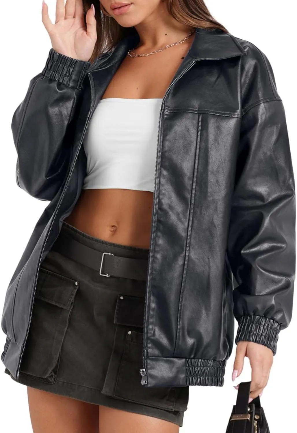 Faux Leather Jacket for Women Lapel Oversized Motorcycle Jacket Zip Up Bomber Coats Winter Fashion 2024 Fall Outfits