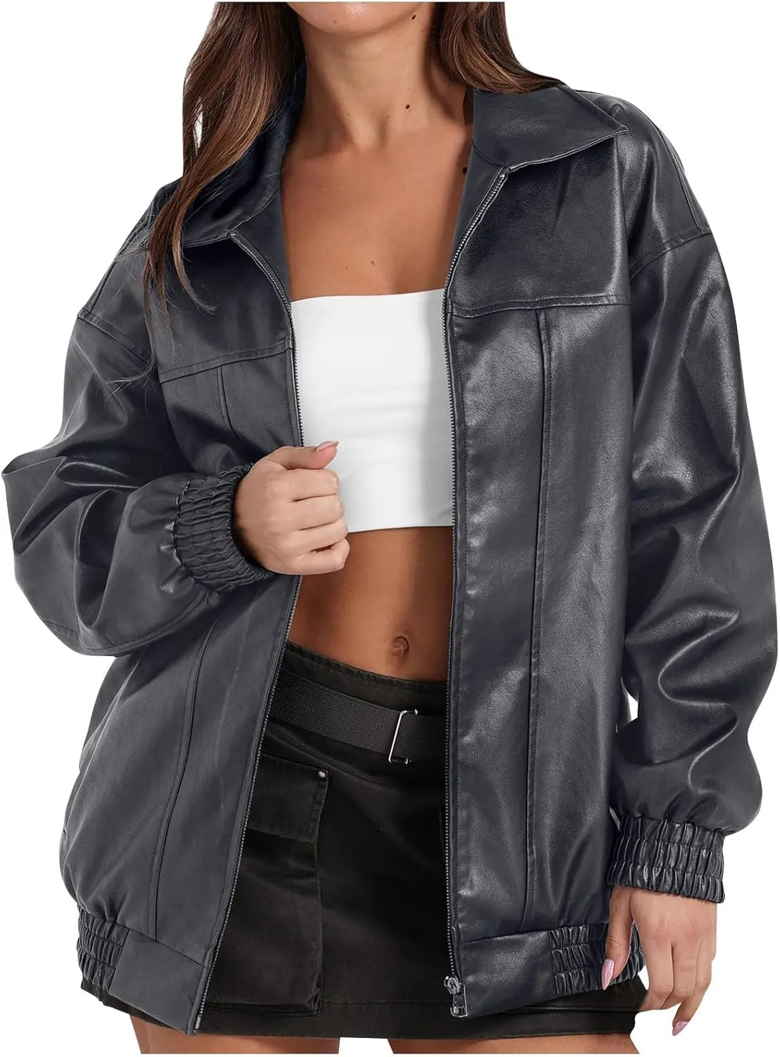 Faux Leather Jacket for Women Lapel Oversized Motorcycle Jacket Zip Up Bomber Coats Winter Fashion 2024 Fall Outfits