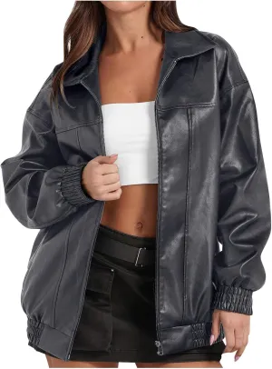 Faux Leather Jacket for Women Lapel Oversized Motorcycle Jacket Zip Up Bomber Coats Winter Fashion 2024 Fall Outfits