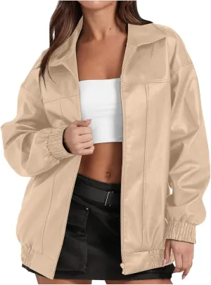 Faux Leather Jacket for Women Lapel Oversized Motorcycle Jacket Zip Up Bomber Coats Winter Fashion 2024 Fall Outfits