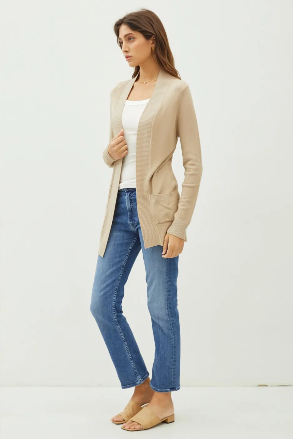 FINAL SALE Taupe Cotton Blend Open Front Cardigan