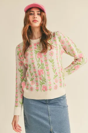Floral Ribbed Round Neck Sweater