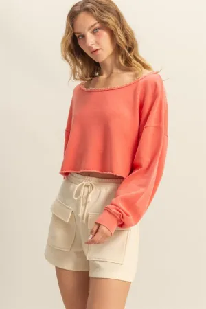 Frayed Detail Boat Neck Long Sleeve Crop Top
