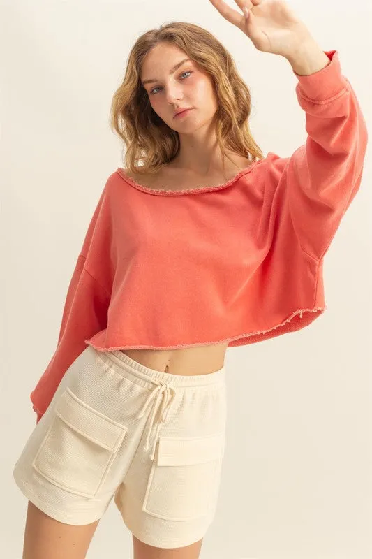 Frayed Detail Boat Neck Long Sleeve Crop Top