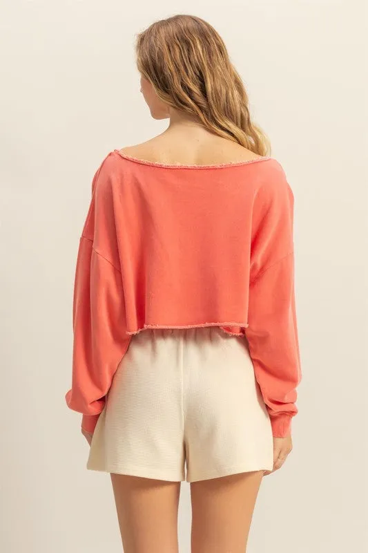 Frayed Detail Boat Neck Long Sleeve Crop Top