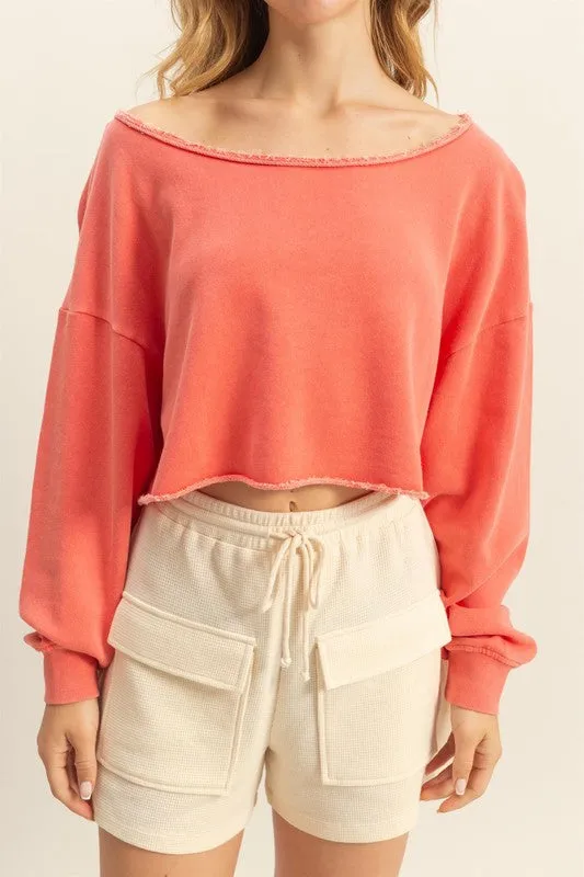 Frayed Detail Boat Neck Long Sleeve Crop Top