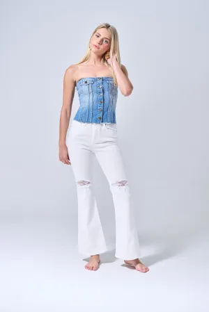 HIGH RISE FLARE JEANS WITH KNEE DISTRESSING IN WHITE / SP-P12601WT