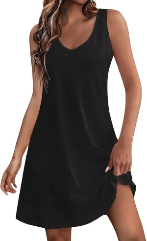 hlysgo Going Out Dresses for Women 2025 Summer Sleeveless V Neck Mini Dress Casual Beachwear Coverup Sundress with Pockets