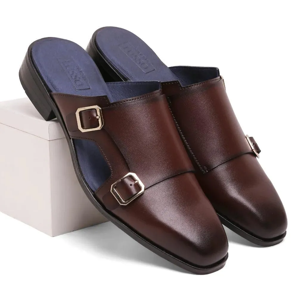 Hulio - Dark Tan Double Monk Mules