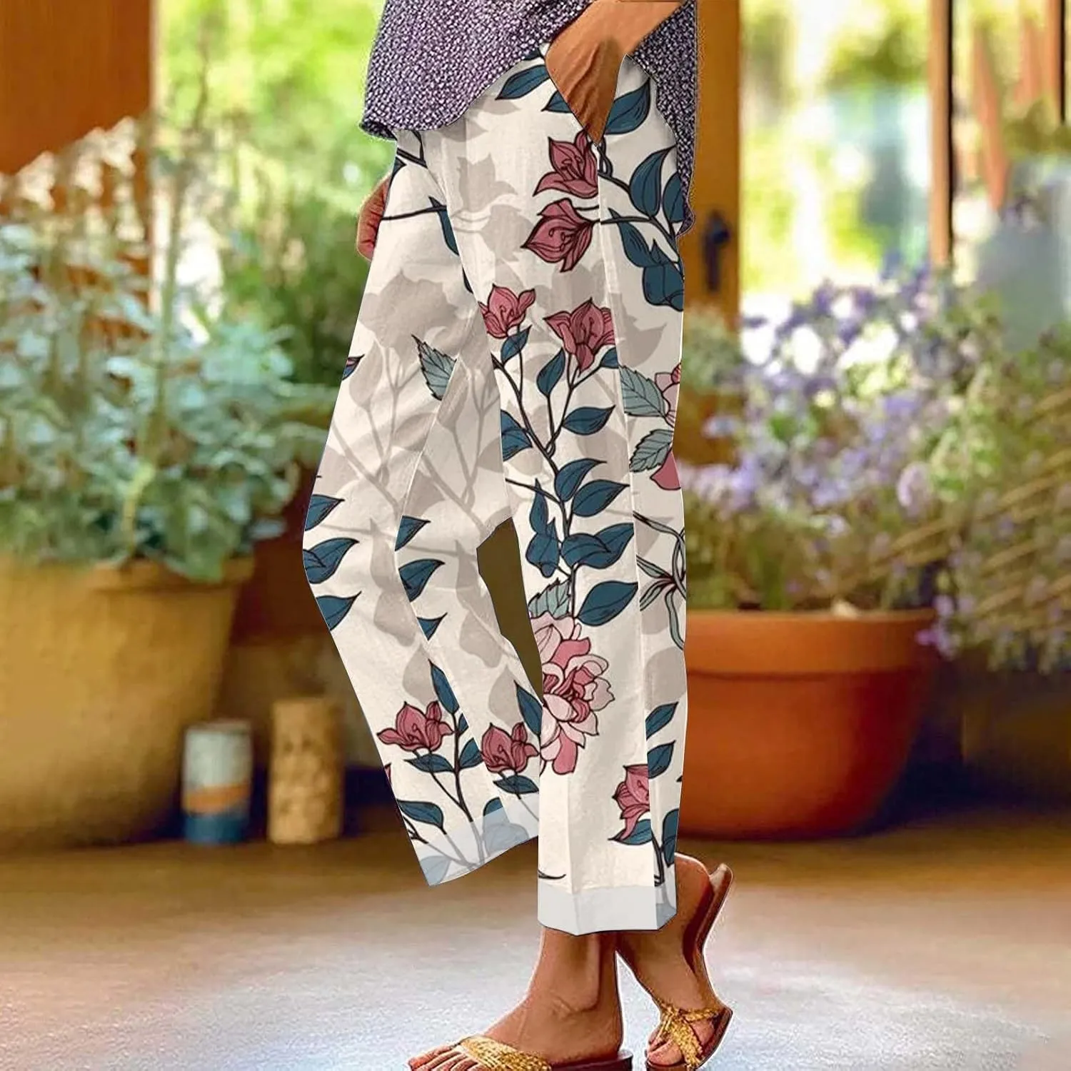 Linen Pants Women Pocket Floral Cotton Linen Casual Pants Flowy Wide Leg Beach Pants with Pockets High Waist Linen
