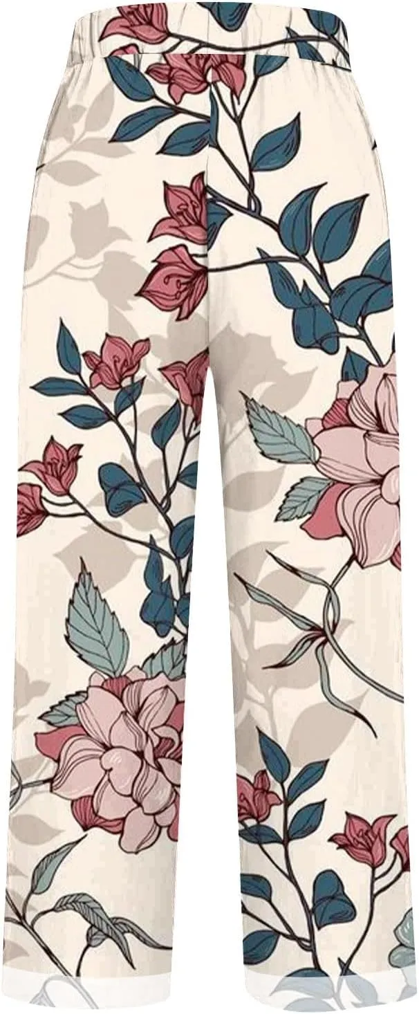 Linen Pants Women Pocket Floral Cotton Linen Casual Pants Flowy Wide Leg Beach Pants with Pockets High Waist Linen