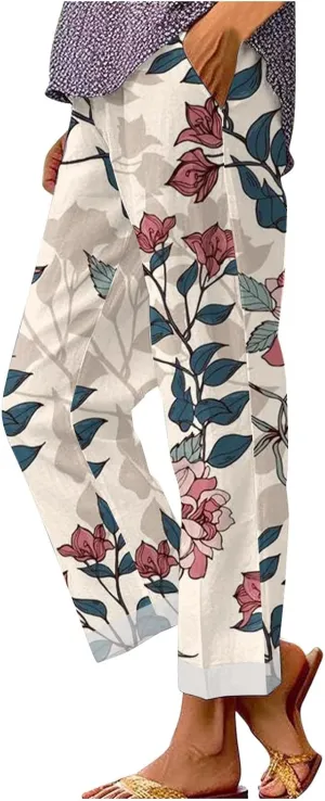 Linen Pants Women Pocket Floral Cotton Linen Casual Pants Flowy Wide Leg Beach Pants with Pockets High Waist Linen