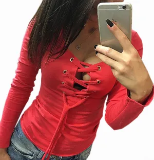 Long Sleeve Lace Up Tops Ladies Casual Shirts