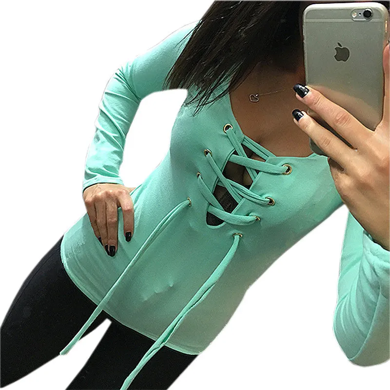 Long Sleeve Lace Up Tops Ladies Casual Shirts
