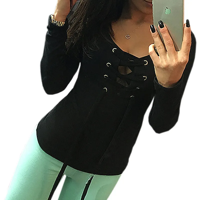 Long Sleeve Lace Up Tops Ladies Casual Shirts