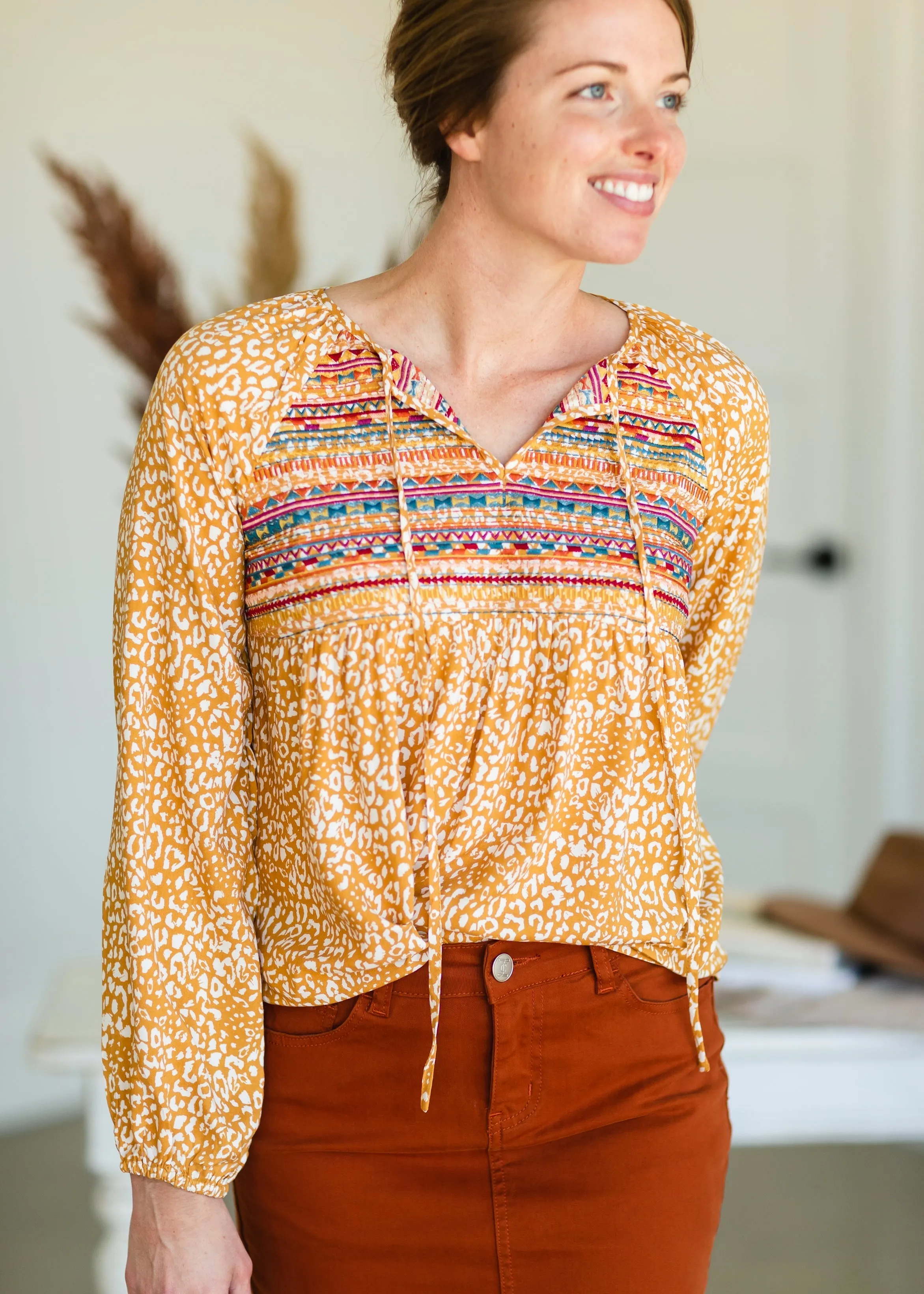 Marigold Embroidered Tie Front Top - FINAL SALE